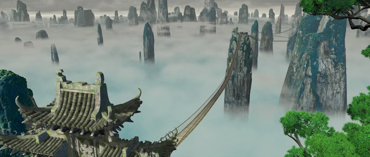 screen shot from kung fu panda, showing a mountian range peeking through the clouds, with thin rope bridges connecting them.
